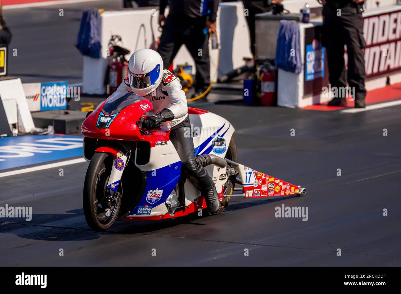 Morrison, CO, USA. 14th July, 2023. NHRA driver, Chris Bostick prepares to qualify for the Dodge Power Brokers NHRA Mile-High Nationals in Morrison, CO, USA. (Credit Image: © Walter G. Arce Sr./ZUMA Press Wire) EDITORIAL USAGE ONLY! Not for Commercial USAGE! Stock Photo