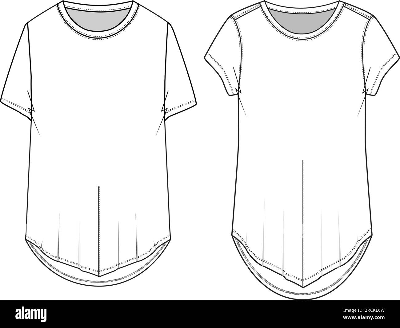 Fashion crew neck front hem v shape with stitch top t-shirt technical drawing flat sketch Stock Vector