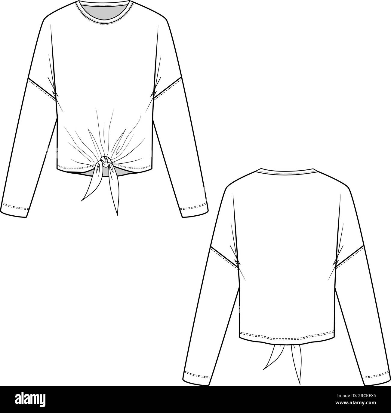 Casual Crew neck twisted knot long sleeve t-shirt top technical Flat Sketch Drawings Stock Vector
