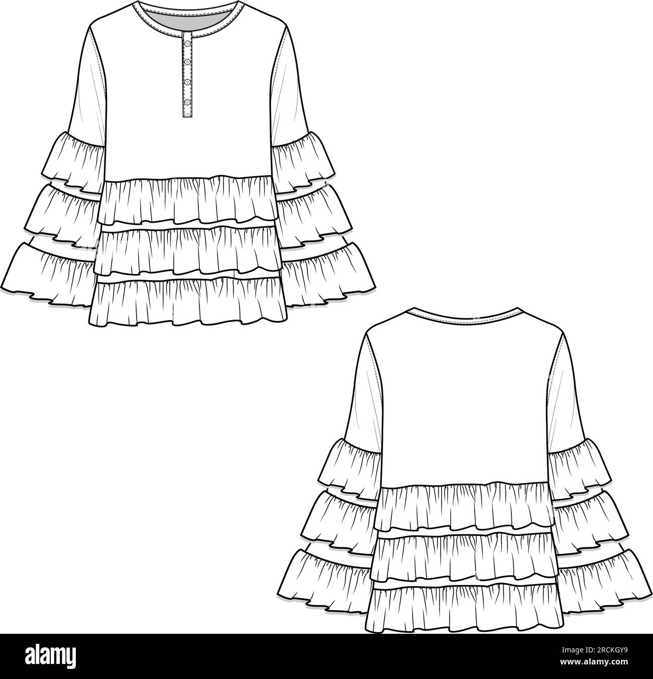 Fashion Layered Ruffles Henley top blouse flat sketch technical drawing