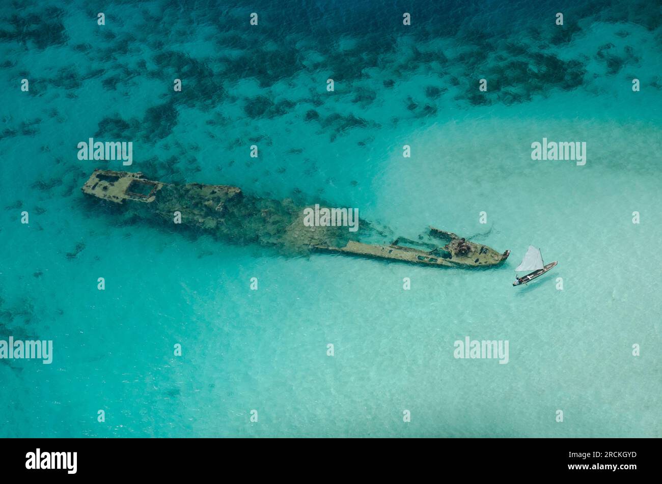 Aerial view of an old shipwreck in the san blas islands, Panama, Central America - stock photo Stock Photo