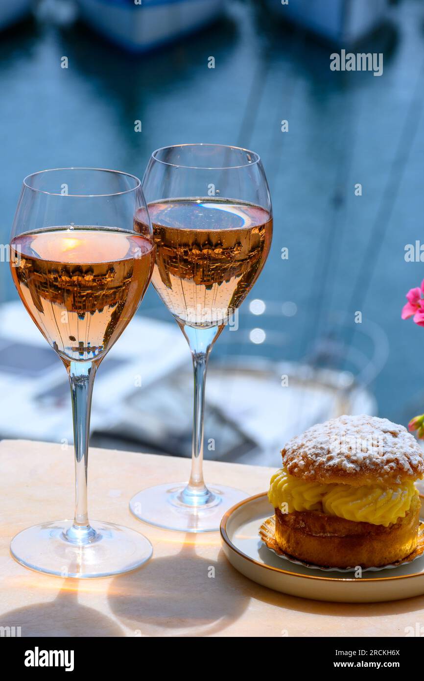 Wine and cakes of French Riviera glasses of cold rose Cote de