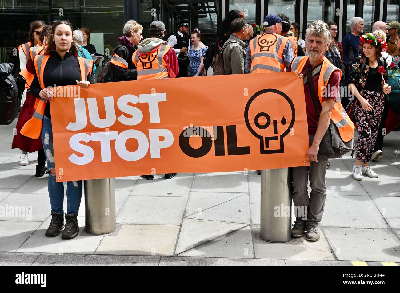 London, UK. Just Stop Oil Activists. Stop Rosebank Protest. No New Oil and Gas. A coalition of environmental groups including Extinction Rebellion and Just Stop Oil, demonstrated together to fight against the opening of Rosebank, the biggest undeveloped oil field in the North Sea by the Norwegian oil giant Equinor. Credit: michael melia/Alamy Live News Stock Photo