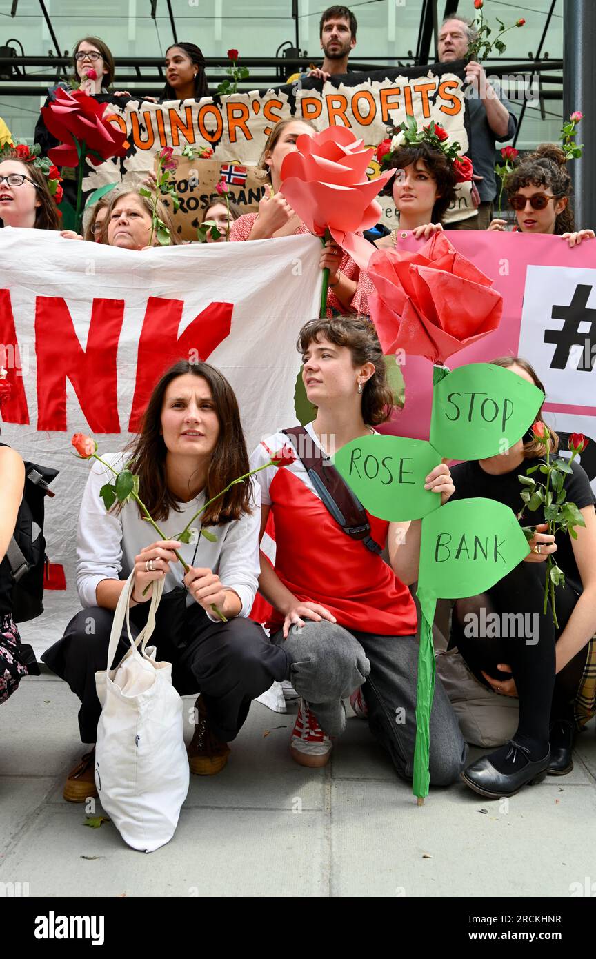 London, UK. Stop Rosebank Protest. No New Oil and Gas. A coalition of environmental groups including Extinction Rebellion and Just Stop Oil, demonstrated together to fight against the opening of Rosebank, the biggest undeveloped oil field in the North Sea by the Norwegian oil giant Equinor. Credit: michael melia/Alamy Live News Stock Photo