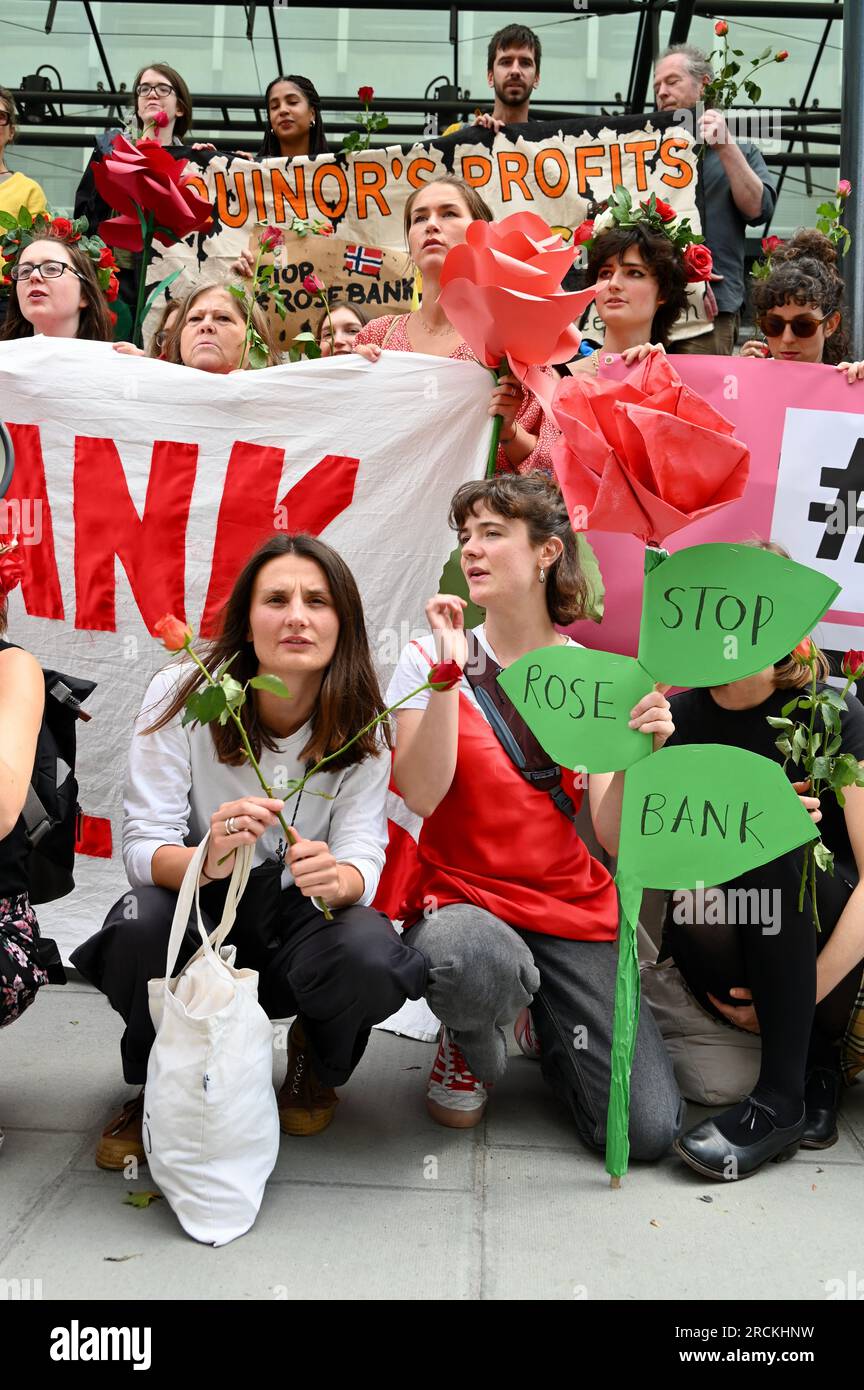 London, UK. Stop Rosebank Protest. No New Oil and Gas. A coalition of environmental groups including Extinction Rebellion and Just Stop Oil, demonstrated together to fight against the opening of Rosebank, the biggest undeveloped oil field in the North Sea by the Norwegian oil giant Equinor. Credit: michael melia/Alamy Live News Stock Photo