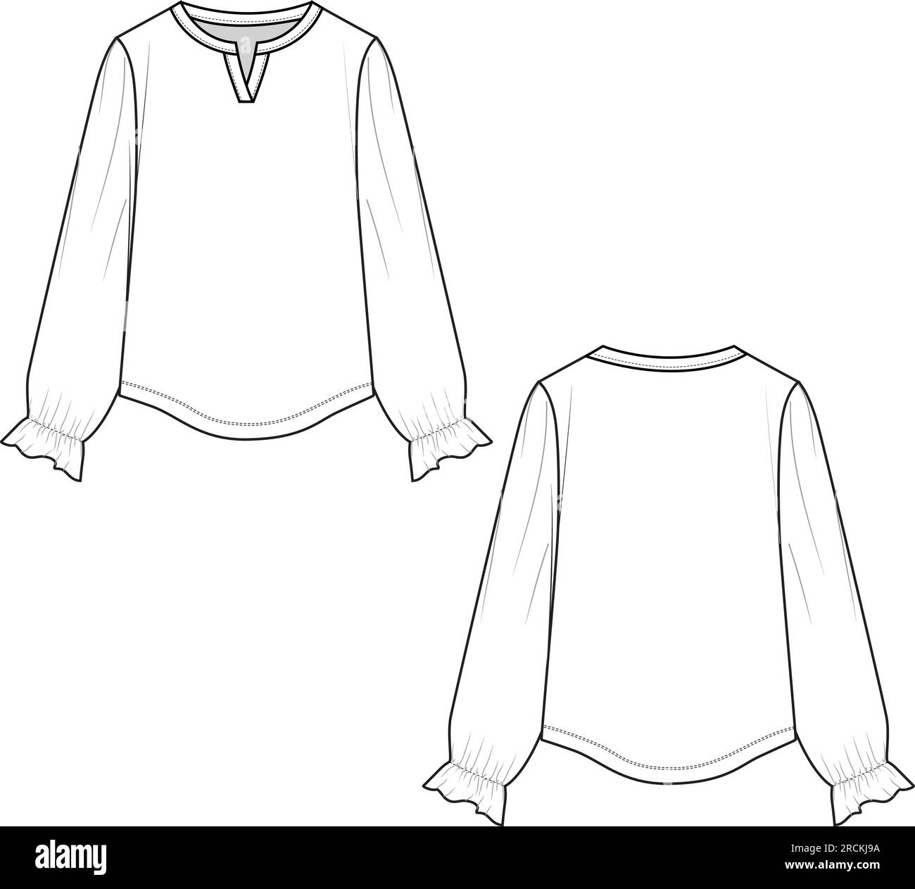 Fashion notch neck long sleeve gathering hem Blouse top technical