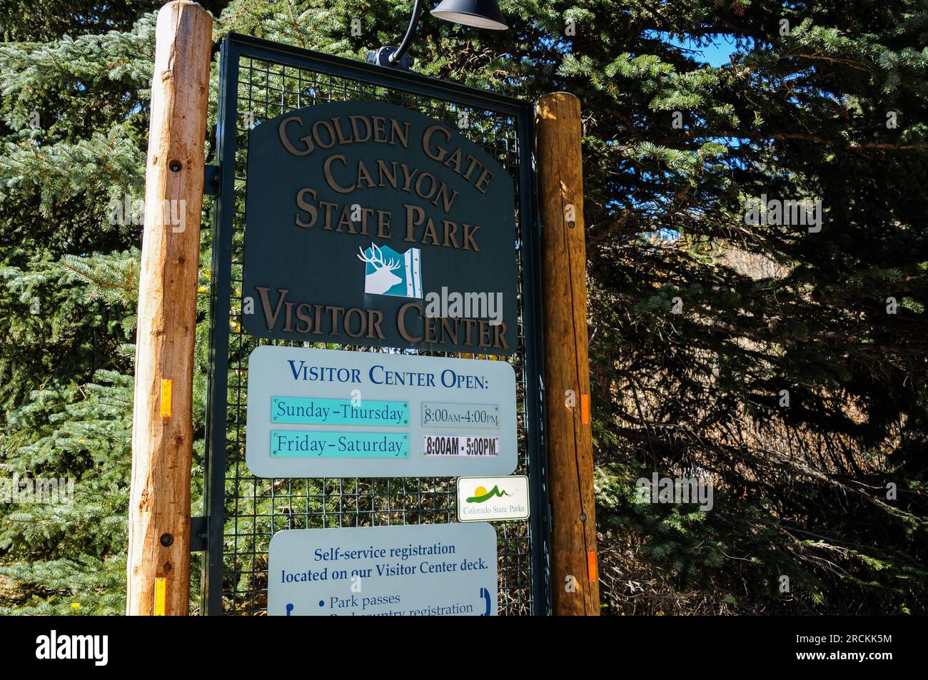 Entrance sign at Golden Gate Canyon State Park in Colorado, USA Stock Photo