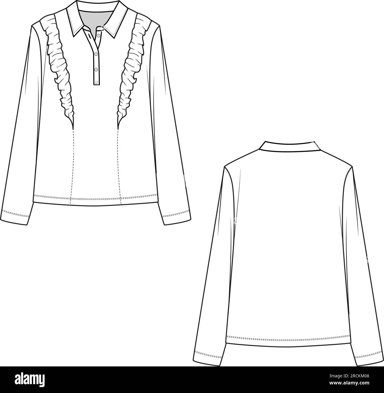 Fashion Ruffles Collar Placket buttons long sleeve blouse t-shirt top technical drawing flat sketches design vector Stock Vector