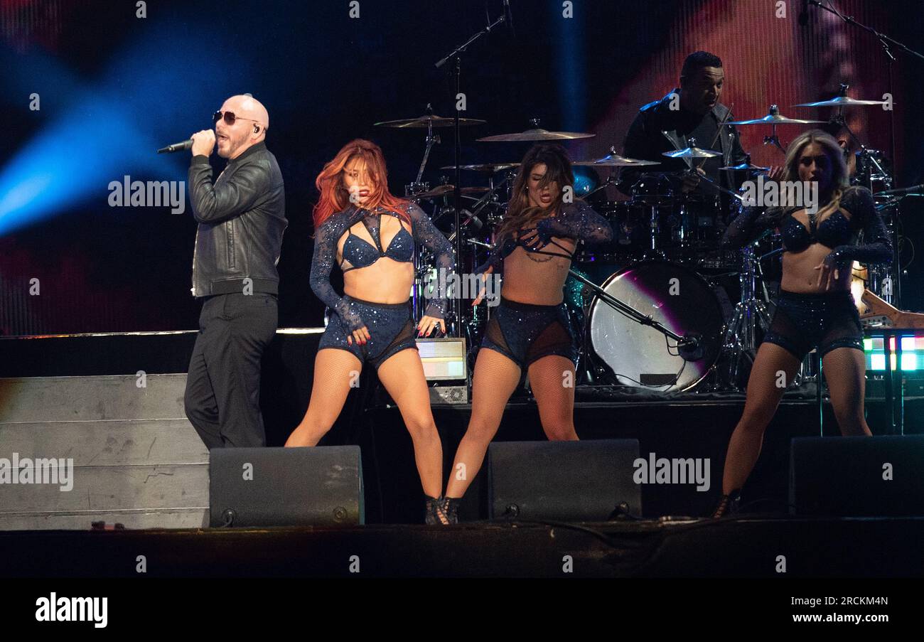 Quebec City, Canada. 14th July, 2023. Pitbull performs on day 9 of Festival d'été de Québec on July 14, 2023 in Quebec City, Quebec. Photo: Casey Flanigan/imageSPACE/Sipa USA Credit: Sipa USA/Alamy Live News Stock Photo