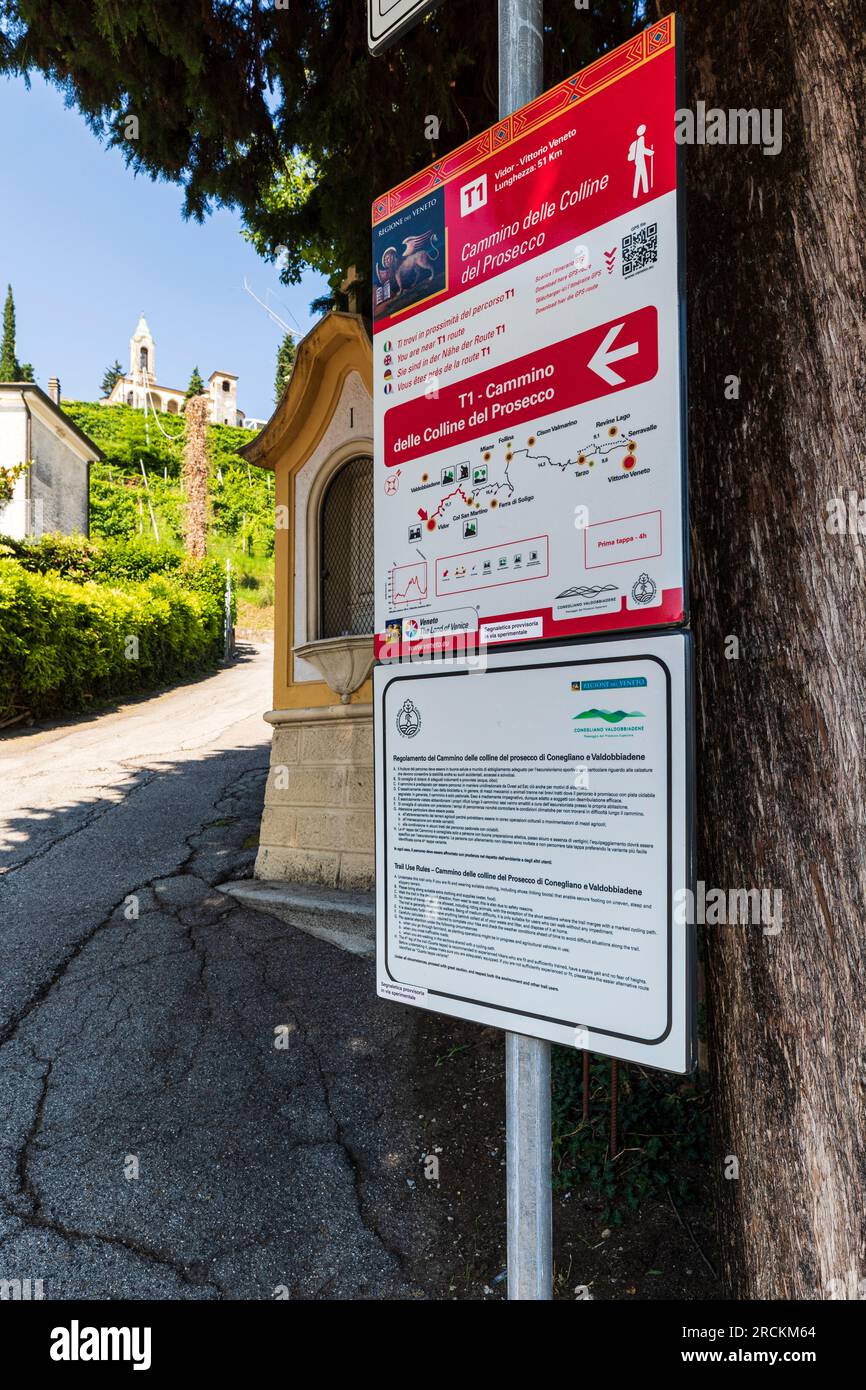 Italy Veneto Vidor -  Road signs for the Prosecco Hills Trail Stock Photo