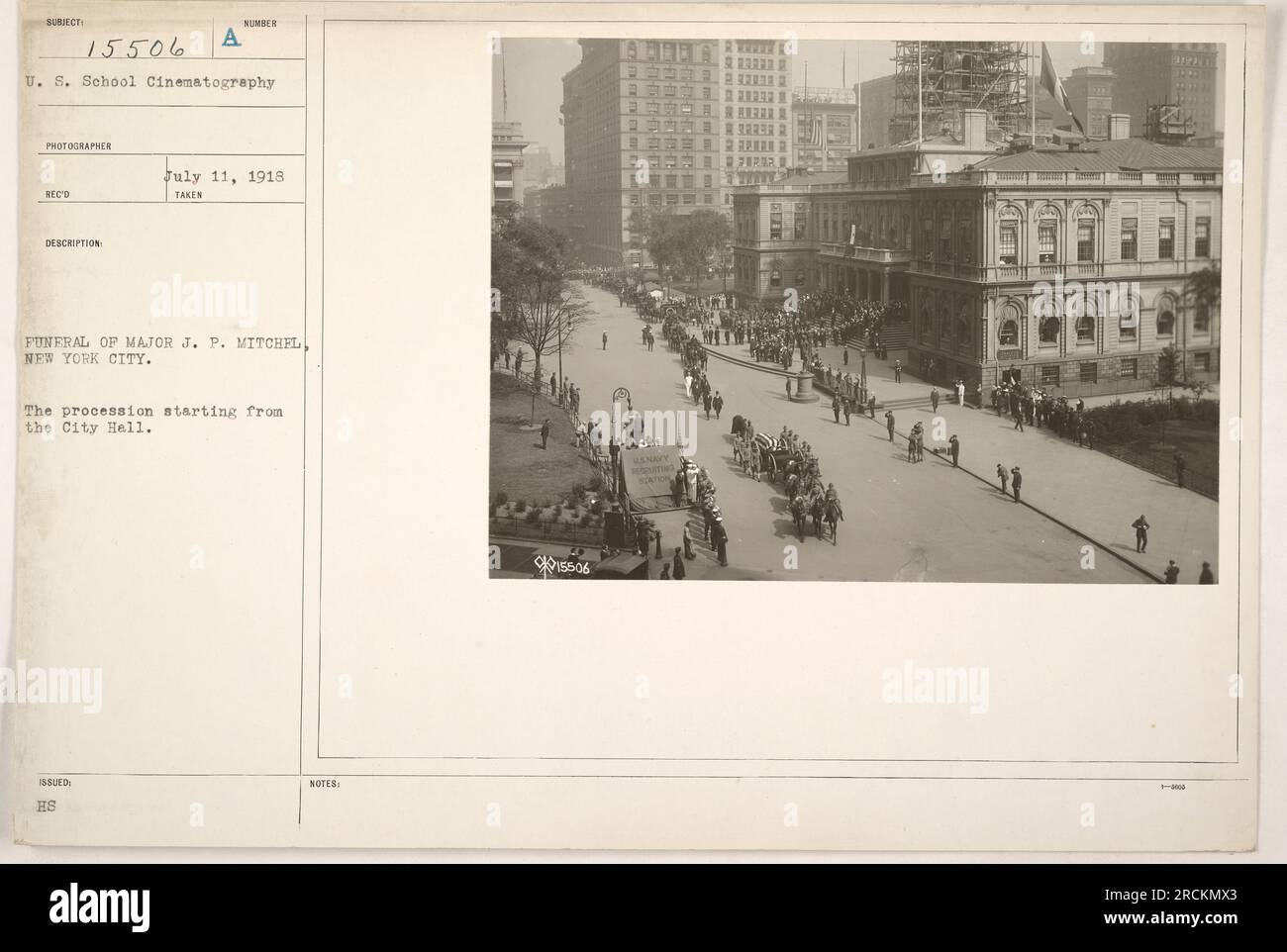 Caption: "The funeral procession of Major J.P. Mitchel takes place in New York City. The procession starts from City Hall as seen in this photograph taken during World War One. The photo is part of the U.S. School Cinematography collection." Stock Photo