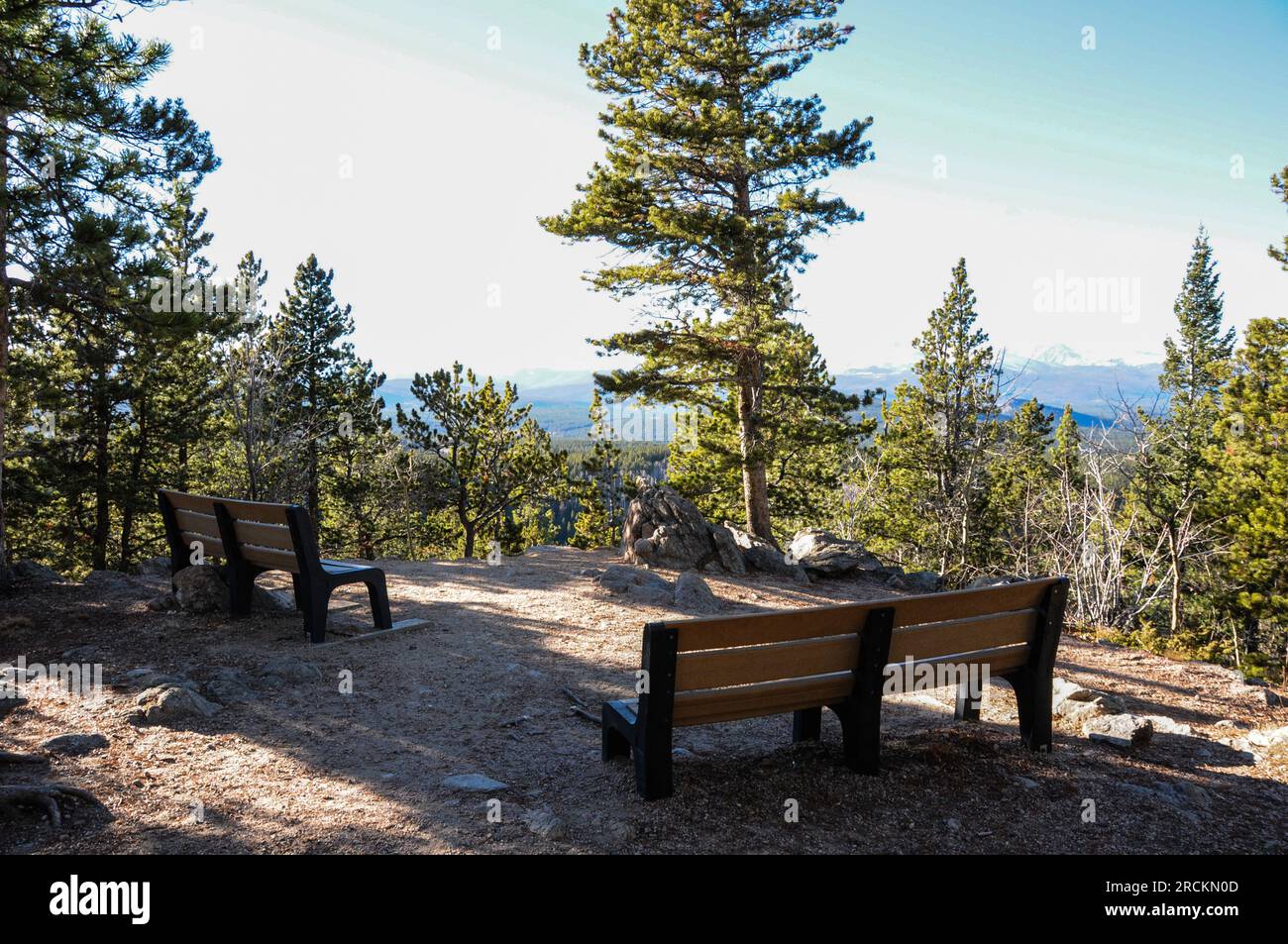 Benches overlooking rocky mountains at Golden Gate Canyon State Park, Colorado, USA Stock Photo