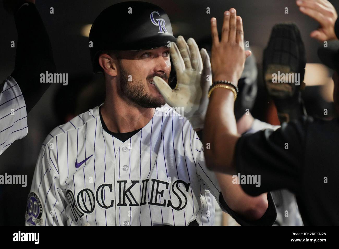 Denver CO, USA. 14th July, 2023. Colorado right fielder Kris Bryant (23) hits a homer during the game with New York Yankees and Colorado Rockies held at Coors Field in Denver Co. David Seelig/Cal Sport Medi. Credit: csm/Alamy Live News Stock Photo