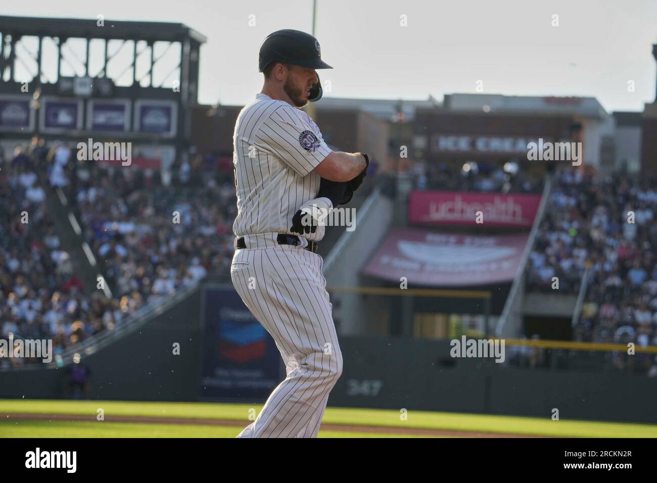 July 14 2023: Colorado first baseman CJ Cron (25) takes a walk during the  game with New York Yankees and Colorado Rockies held at Coors Field in  Denver Co. David Seelig/Cal Sport