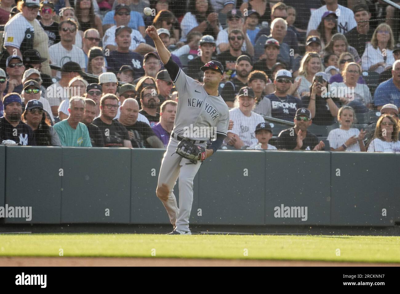 July 16 2023 New York left fielder Isiah Kiner-Falefa (12) in action during  the game with New York Yankees and Colorado Rockies held at Coors Field in  Denver Co. David Seelig/Cal Sport