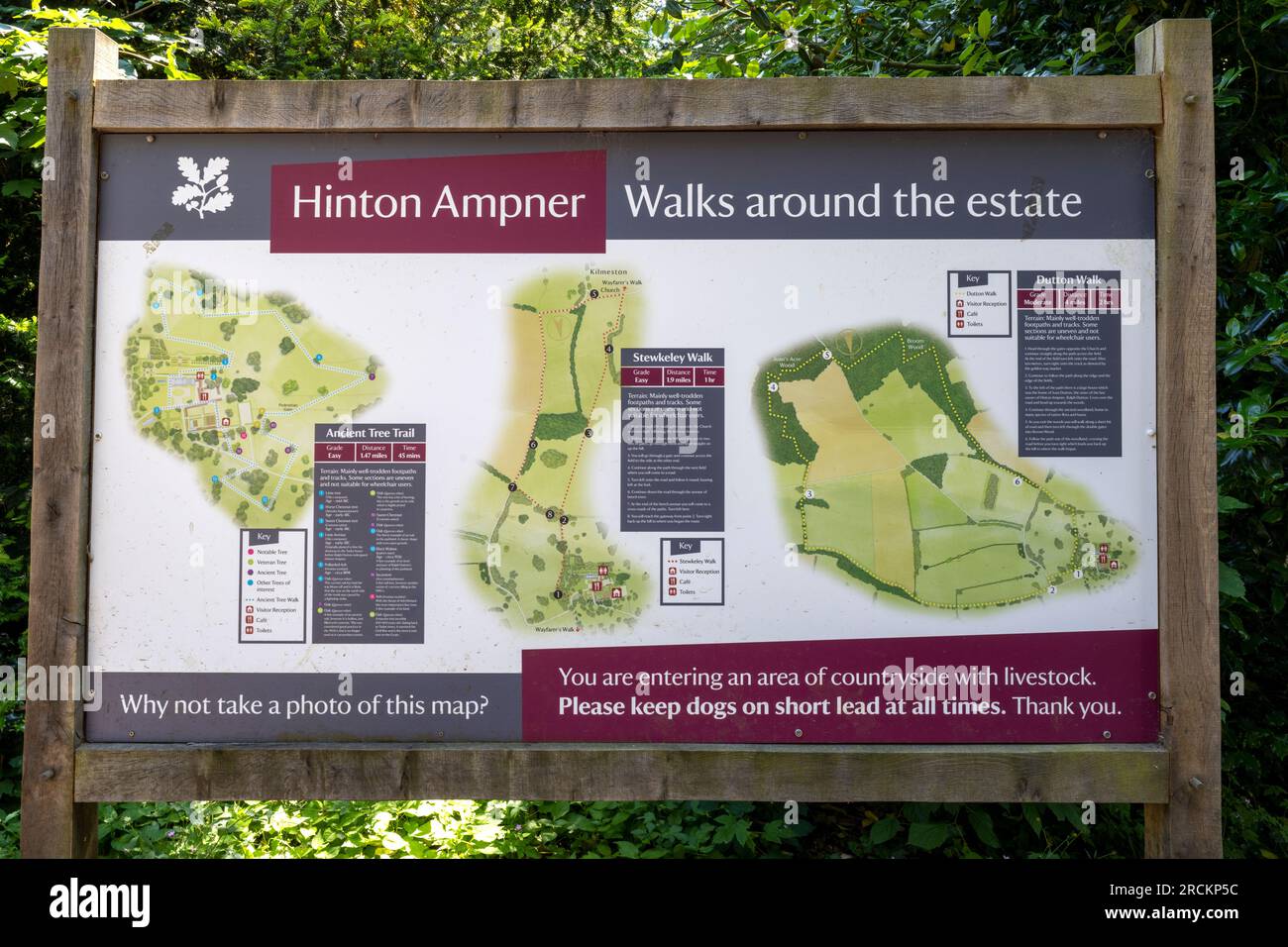 Tourist information board at Hinton Ampner showing map of walks around