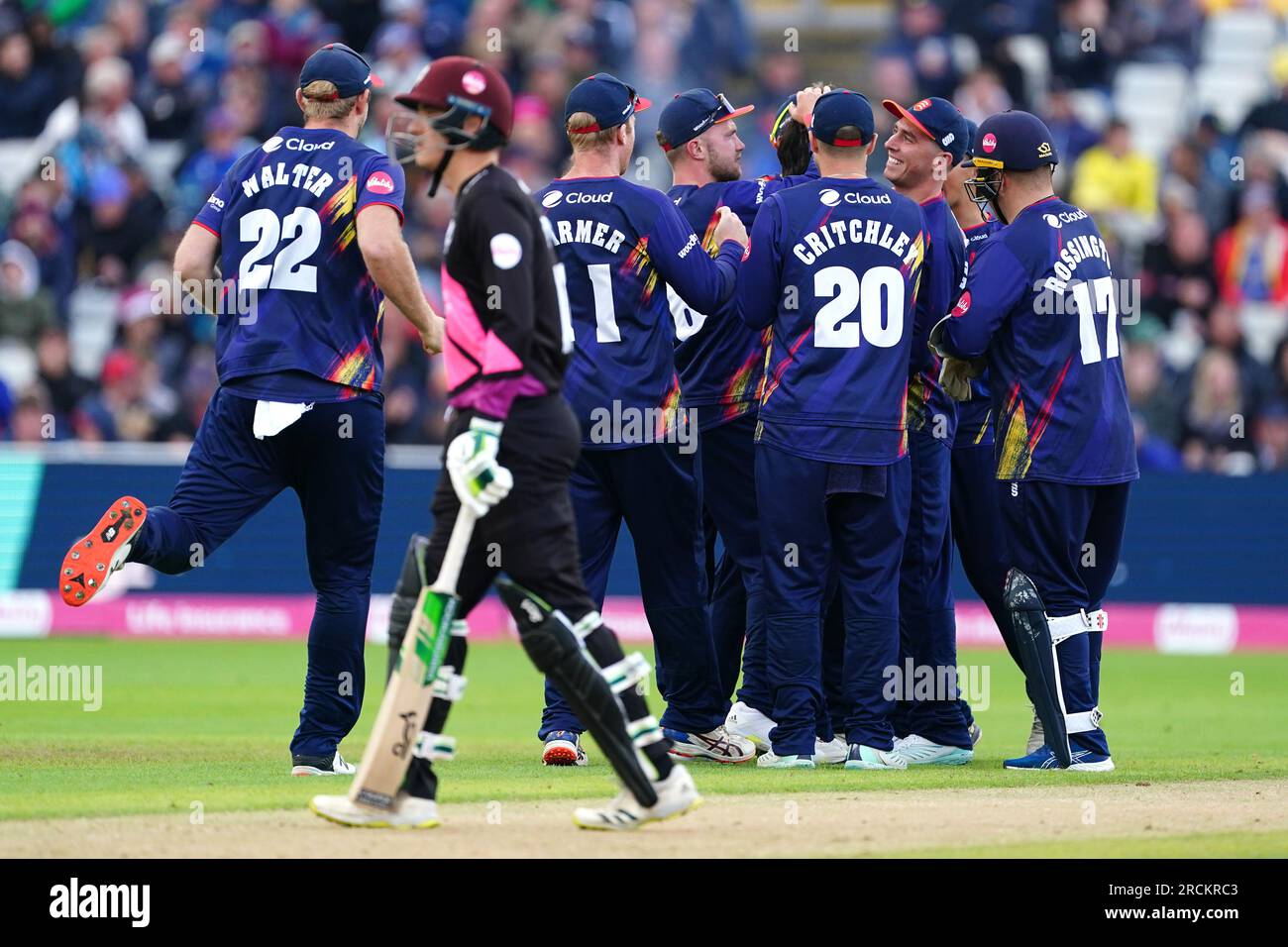 Sussex's Shane Snater (rigth hidden) celebrates the wicket of Somerset's Will Smeed (second left) during the Vitality Blast T20 final match at Edgbaston, Birmingham. Picture date: Saturday July 15, 2023. Stock Photo