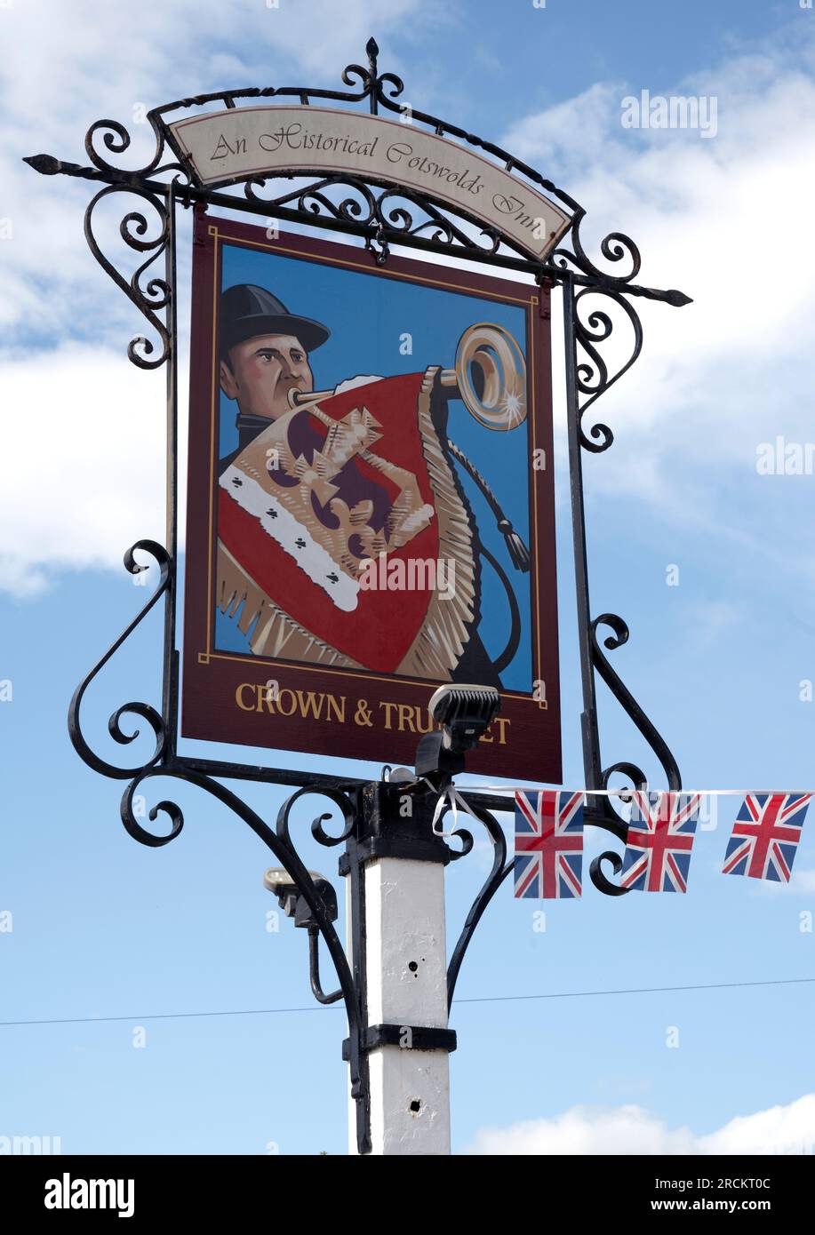 Traditional hanging pub sign at The Crown and Trumpet Inn, Church Street, Broadway, Cotswolds, Worcestershire, England, UK Stock Photo