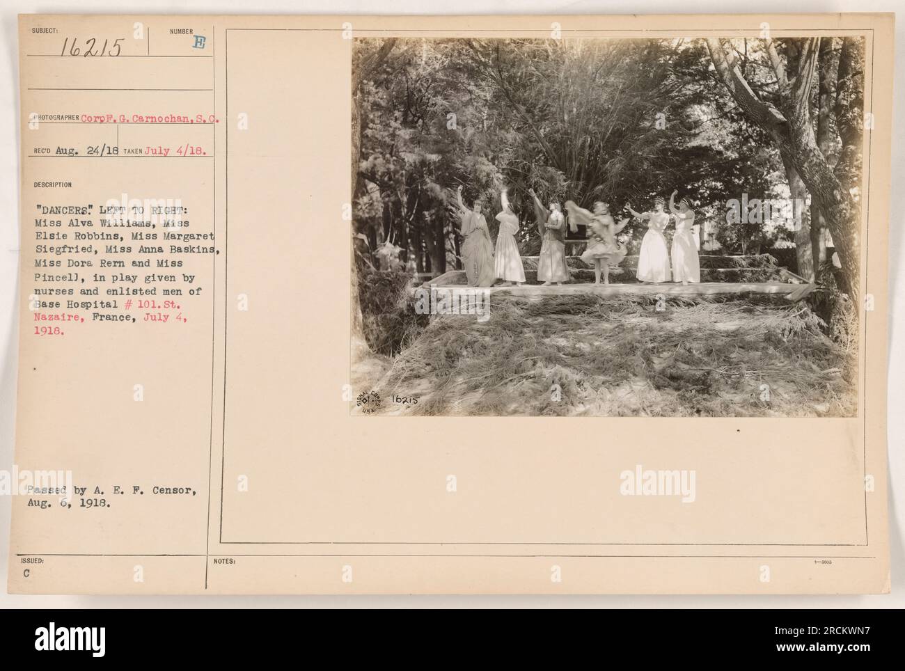 Group of nurses and enlisted men from Base Hospital #101 performing in a play in St. Nazaire, France on July 4, 1918. The dancers, photographed from left to right, include Miss Alve Williams, Miss Elsie Robbins, Miss Margaret Siegfried, Miss Anna Baskins, Miss Dore Rern, and Miss Pincel. Photograph taken by G. Carnochan. Approved by A. E. P. Censor on August 6, 1918. Stock Photo