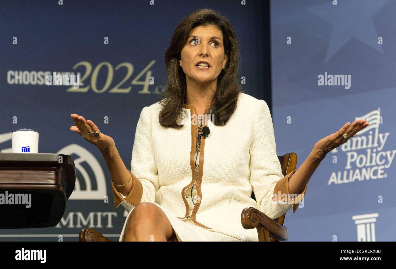 Des Moines, Iowa, USA. 14th July, 2023. Former U.N. Ambassador NIKKI HALEY addresses the 2023 FAMiLY Leadership Summit at the Community Choice Credit Union Convention Center. The annual summit brings to the Midwest prominent, national leaders from a variety of fields to encourage Christians to engage in Christ-centered cultural transformation.(Credit Image: © Brian Cahn/ZUMA Press Wire) EDITORIAL USAGE ONLY! Not for Commercial USAGE! Stock Photo