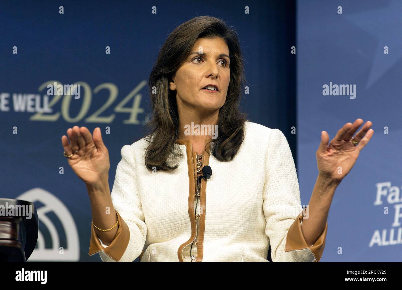 Des Moines, Iowa, USA. 14th July, 2023. Former U.N. Ambassador NIKKI HALEY addresses the 2023 FAMiLY Leadership Summit at the Community Choice Credit Union Convention Center. The annual summit brings to the Midwest prominent, national leaders from a variety of fields to encourage Christians to engage in Christ-centered cultural transformation.(Credit Image: © Brian Cahn/ZUMA Press Wire) EDITORIAL USAGE ONLY! Not for Commercial USAGE! Stock Photo