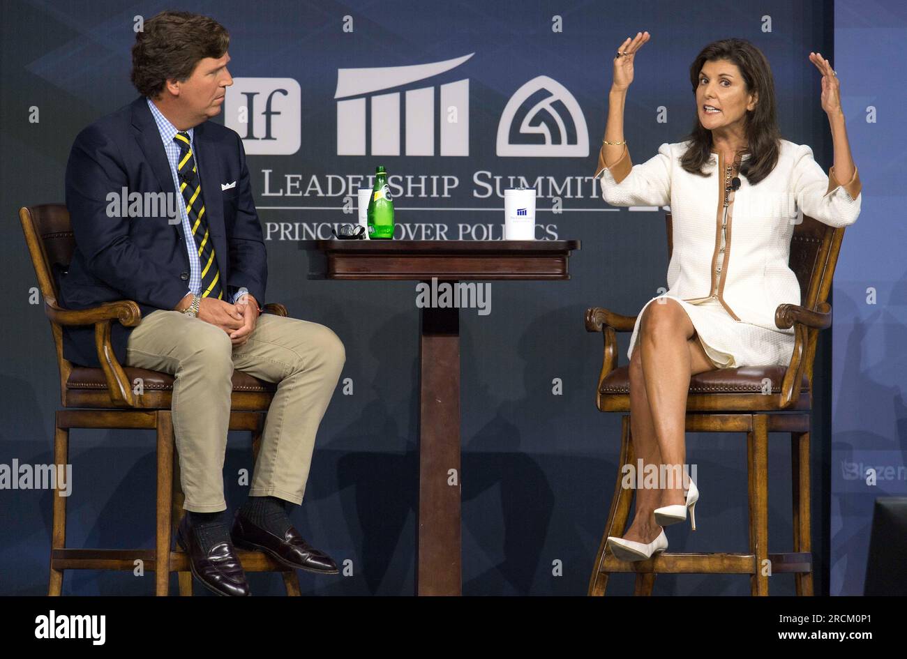 Des Moines, Iowa, USA. 14th July, 2023. Former U.N. Ambassador NIKKI HALEY onstage with moderator TUCKER CARLSON during the 2023 FAMiLY Leadership Summit at the Community Choice Credit Union Convention Center. The annual summit brings to the Midwest prominent, national leaders from a variety of fields to encourage Christians to engage in Christ-centered cultural transformation.(Credit Image: © Brian Cahn/ZUMA Press Wire) EDITORIAL USAGE ONLY! Not for Commercial USAGE! Stock Photo