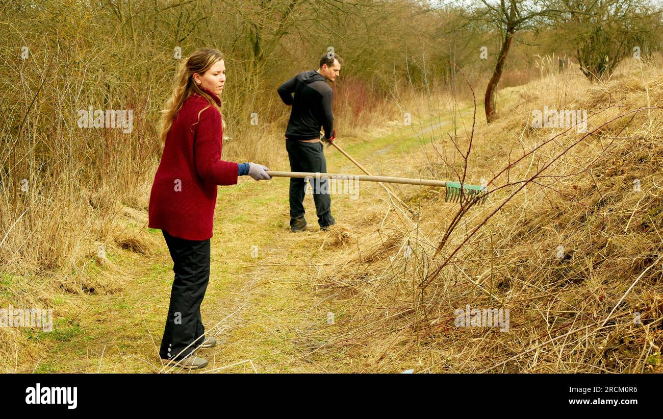Volunteers care nature rake cut brush cutter cutting bushes activists