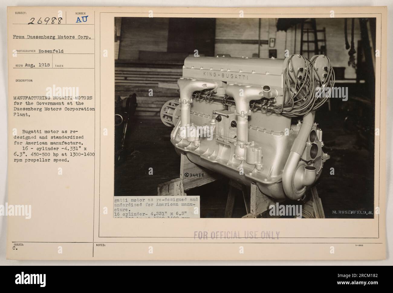 'Photograph showing a Bugatti motor being manufactured for the American government at the Duesenberg Motors Corporation Plant in Aug. 1918. The Bugatti motor has been redesigned and standardized for American manufacture, with specifications of 16 cylinders, 4.331' x 6.3', producing 450-500 horsepower at 1300-1400 rpm propeller speed.' Stock Photo