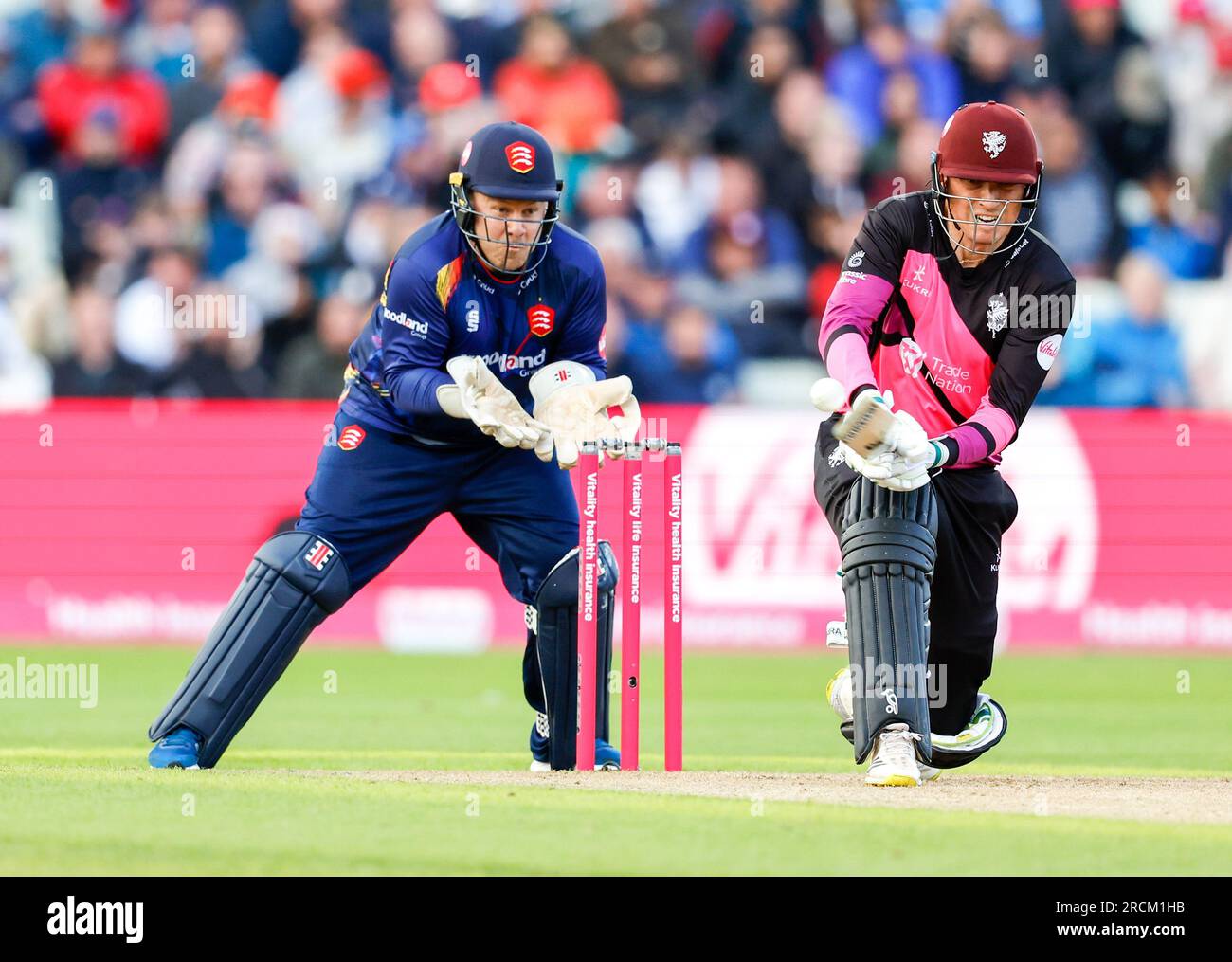 Edgbaston, Birmingham, UK. 15th July 2023; Edgbaston, Birmingham, England: Vitality Blast T20 League Cricket Final, Somerset versus Essex: Tom Banton of Somerset reverse scoops and is caught by Das off the bowling of Shane Snater of Essex Eagles for 20 Credit: Action Plus Sports Images/Alamy Live News Stock Photo