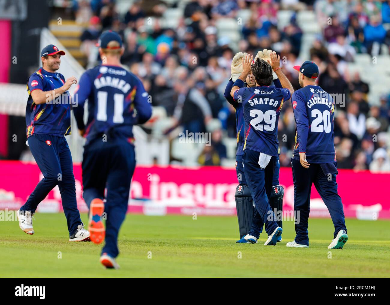 Edgbaston, Birmingham, UK. 15th July 2023; Edgbaston, Birmingham, England: Vitality Blast T20 League Cricket Final, Somerset versus Essex: Shane Snater of Essex Eagles (29) is congratulated by team mates after taking the wicket of Tom Banton of Somerset for 20 Credit: Action Plus Sports Images/Alamy Live News Stock Photo