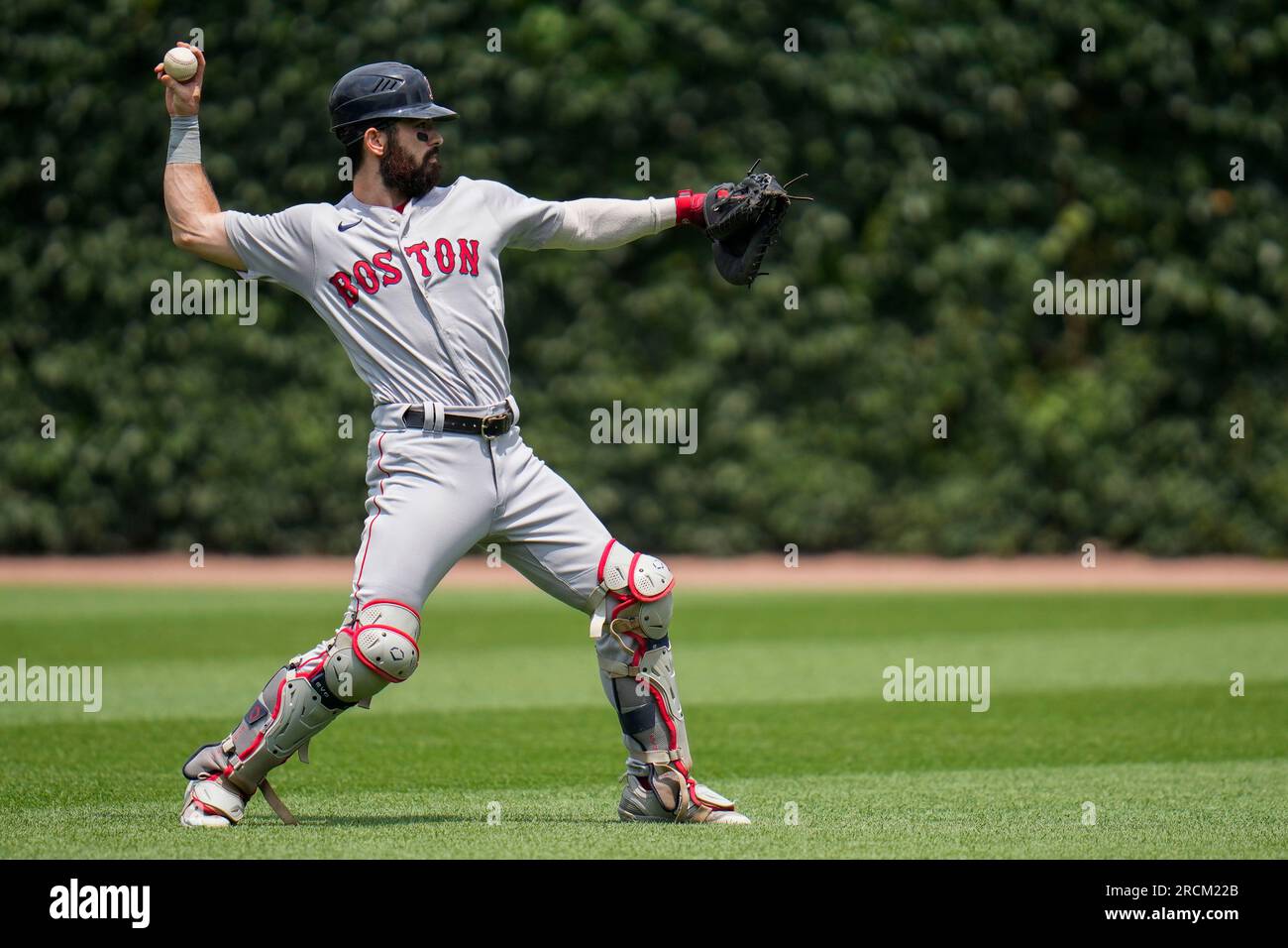 Boston Red Sox catcher Connor Wong warms up before a baseball game
