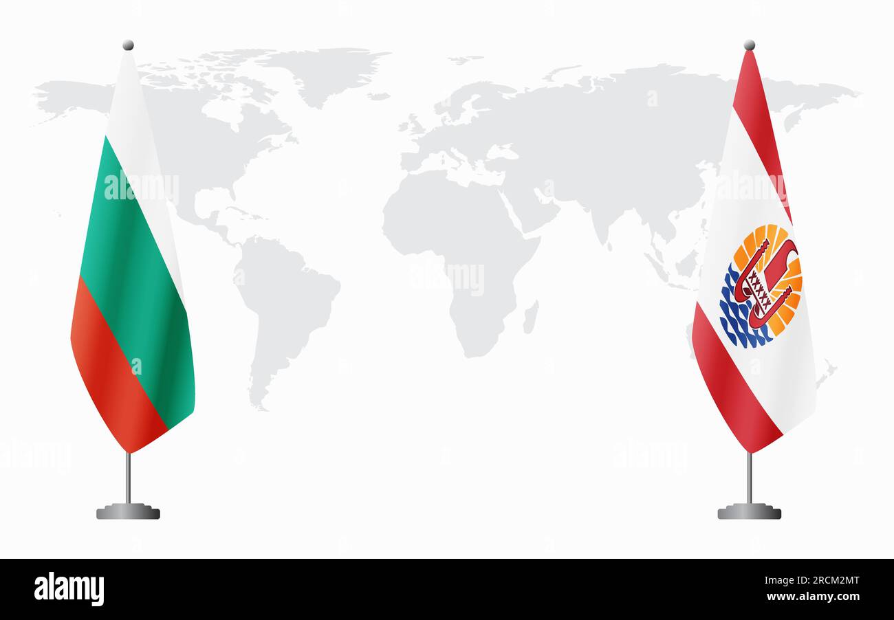 Bulgaria and French Polynesia flags for official meeting against background of world map. Stock Vector