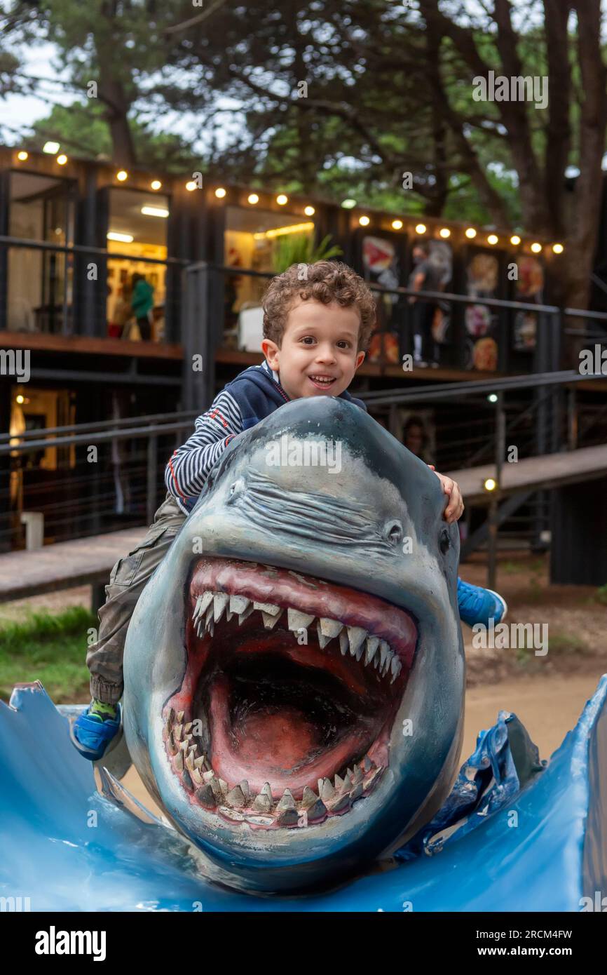 funny boy playing on top of a shark Stock Photo