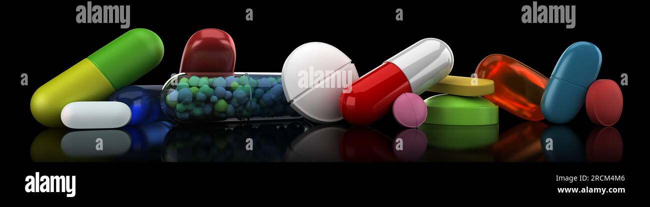 Collection of colorful pills - 3d render Stock Photo