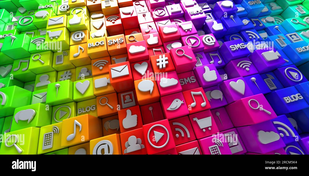 Social Media network icons on rainbow of colorful blocks - 3d render Stock Photo