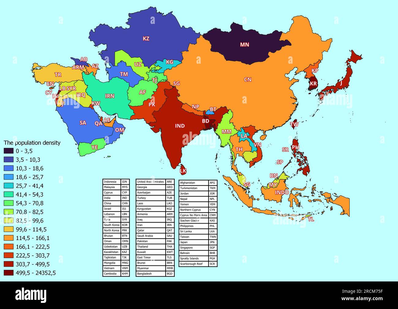 Asia map with countries classified by population density Stock Photo ...