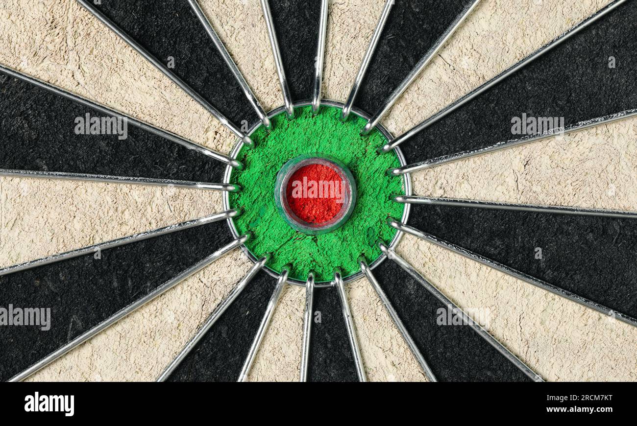 Dart board showing the red bullseye in the center. Aiming and precision