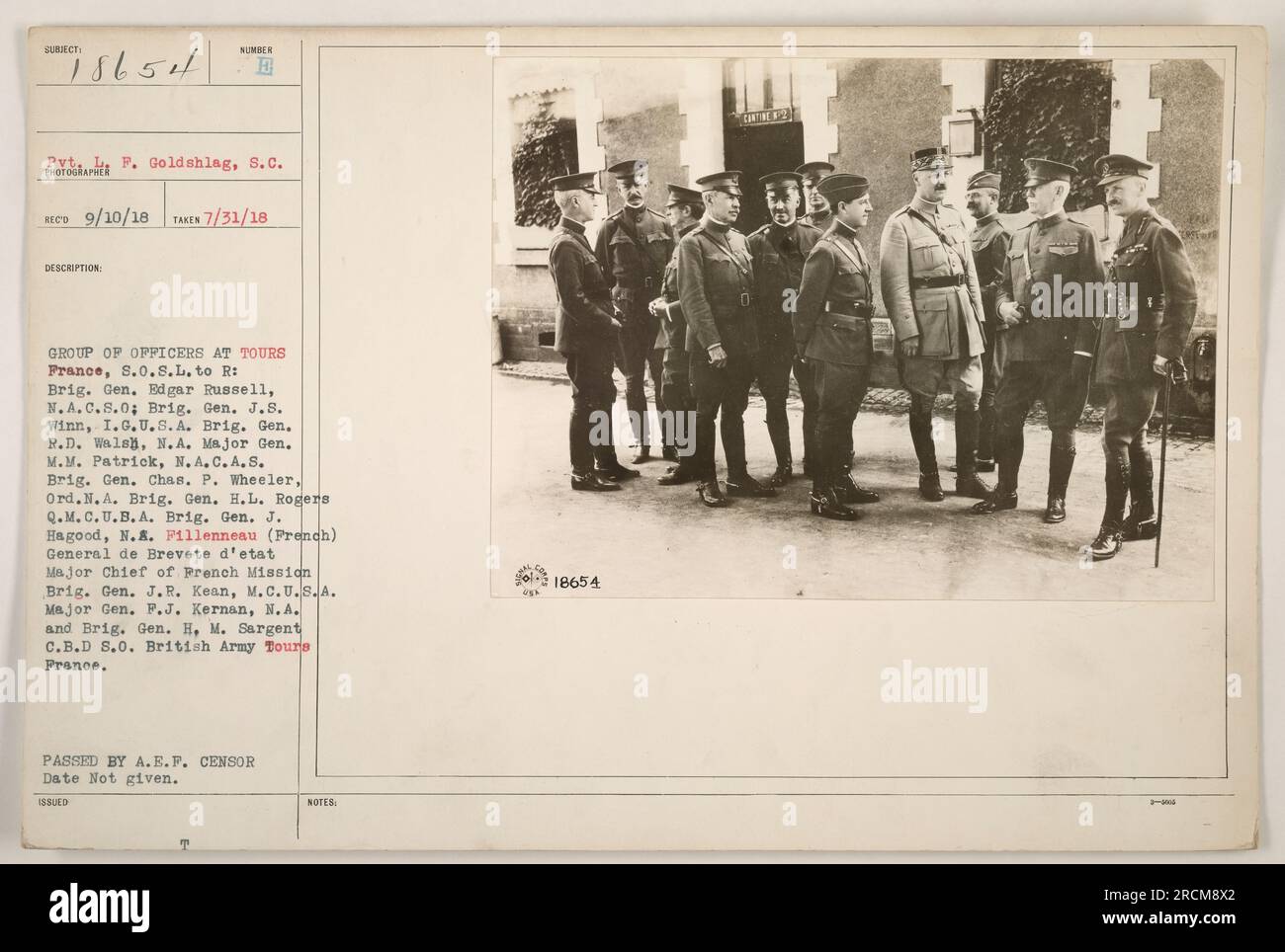 GROUP OF OFFICERS AT TOURS France, in this photograph from the Photographs of American Military Activities during World War One collection. Pictured from left to right are: Brig. Gen. Edgar Russell, Brig. Gen. J.S. Winn, Brig. Gen. R.D. Walsh, Major Gen. M.M. Patrick, Brig. Gen. Chas. P. Wheeler, Brig. Gen. J. Hagood, Pillenneau (French), Brig. Gen. J.R. Kean, Major Gen. F.J. Kernan, and Brig. Gen. H.M. Sargent. Stock Photo