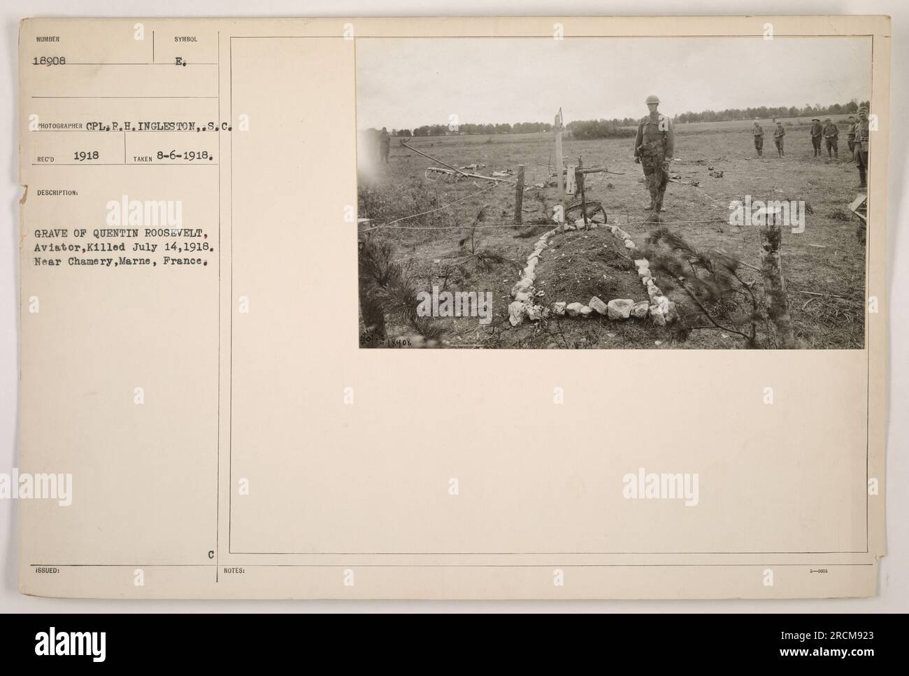Grave of Quentin Roosevelt, Aviator, killed on July 14, 1918, near Chamery, Marne, France. This photograph was taken on August 6, 1918, by CPL P.H. Ingleston. The symbol issued for grave identification is marked with the letter E. KA. Stock Photo