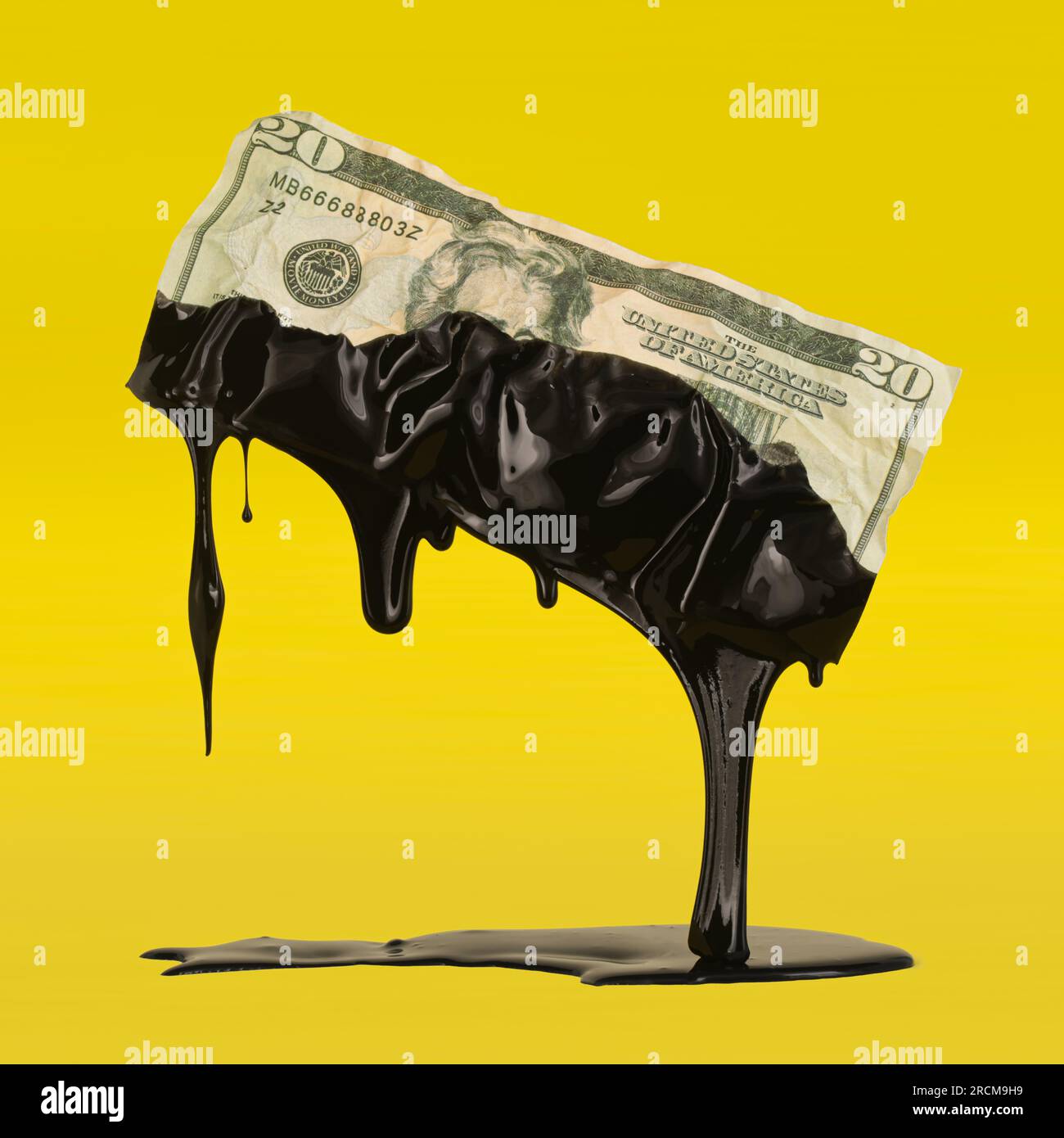 US American dollar bill dripping with crude oil showing the high cost