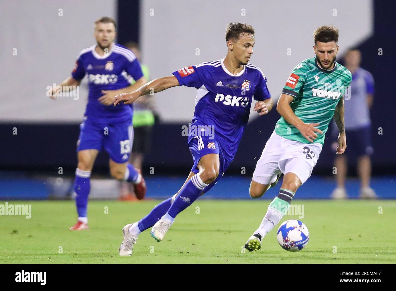 Zagreb, Croatia. 15th July, 2023. Jan Mlakar of Hajduk Split and Fran Topic  of Dinamo Zagreb in action during the Supersport Supercup match between GNK  Dinamo Zagreb and HNK Hajduk Split at Maksimir stadium on July 15, 2023, in  Zagreb, Croatia