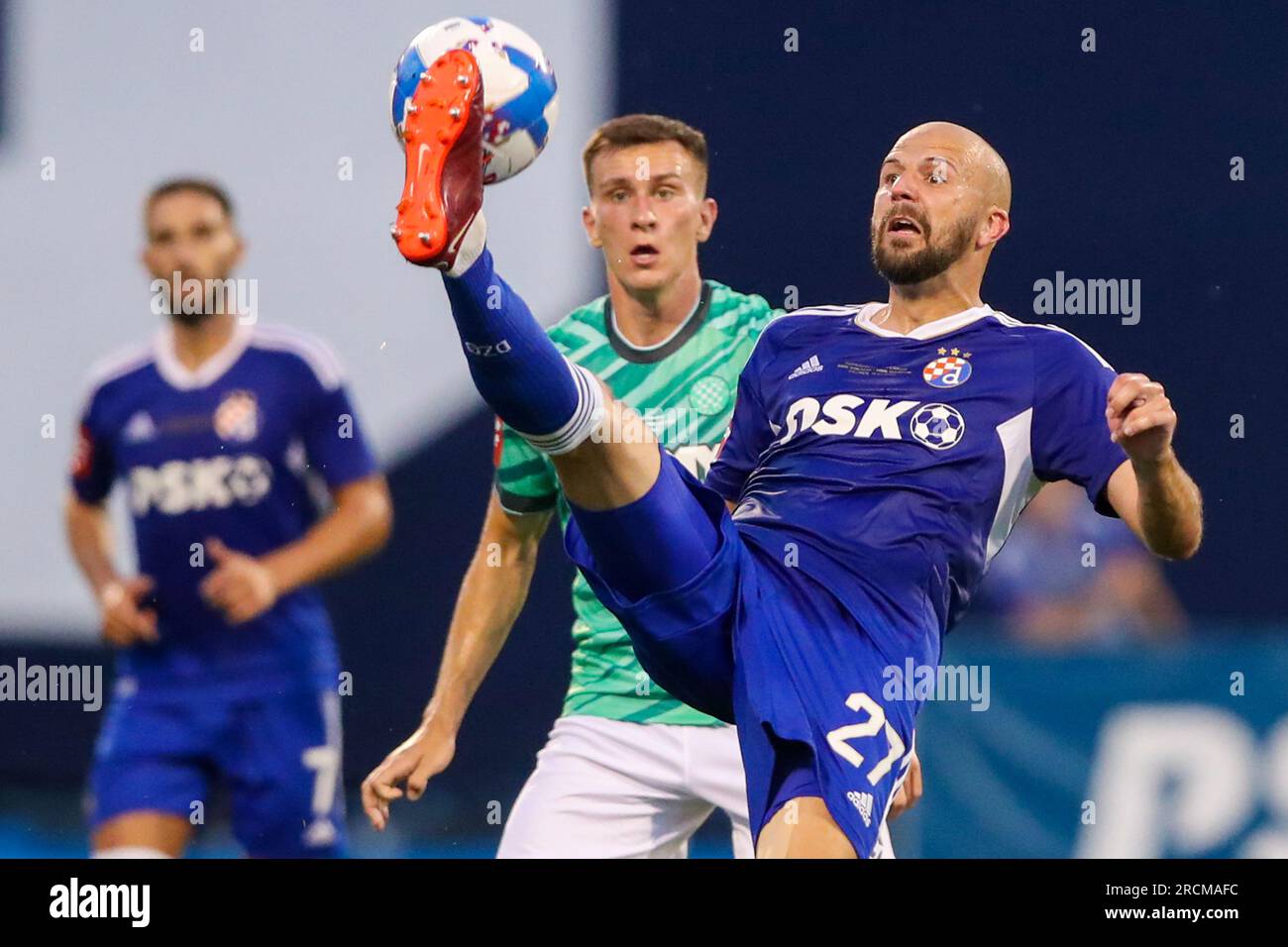 Zagreb, Croatia. 15th July, 2023. Jan Mlakar of Hajduk Split and Fran Topic  of Dinamo Zagreb in action during the Supersport Supercup match between GNK  Dinamo Zagreb and HNK Hajduk Split at