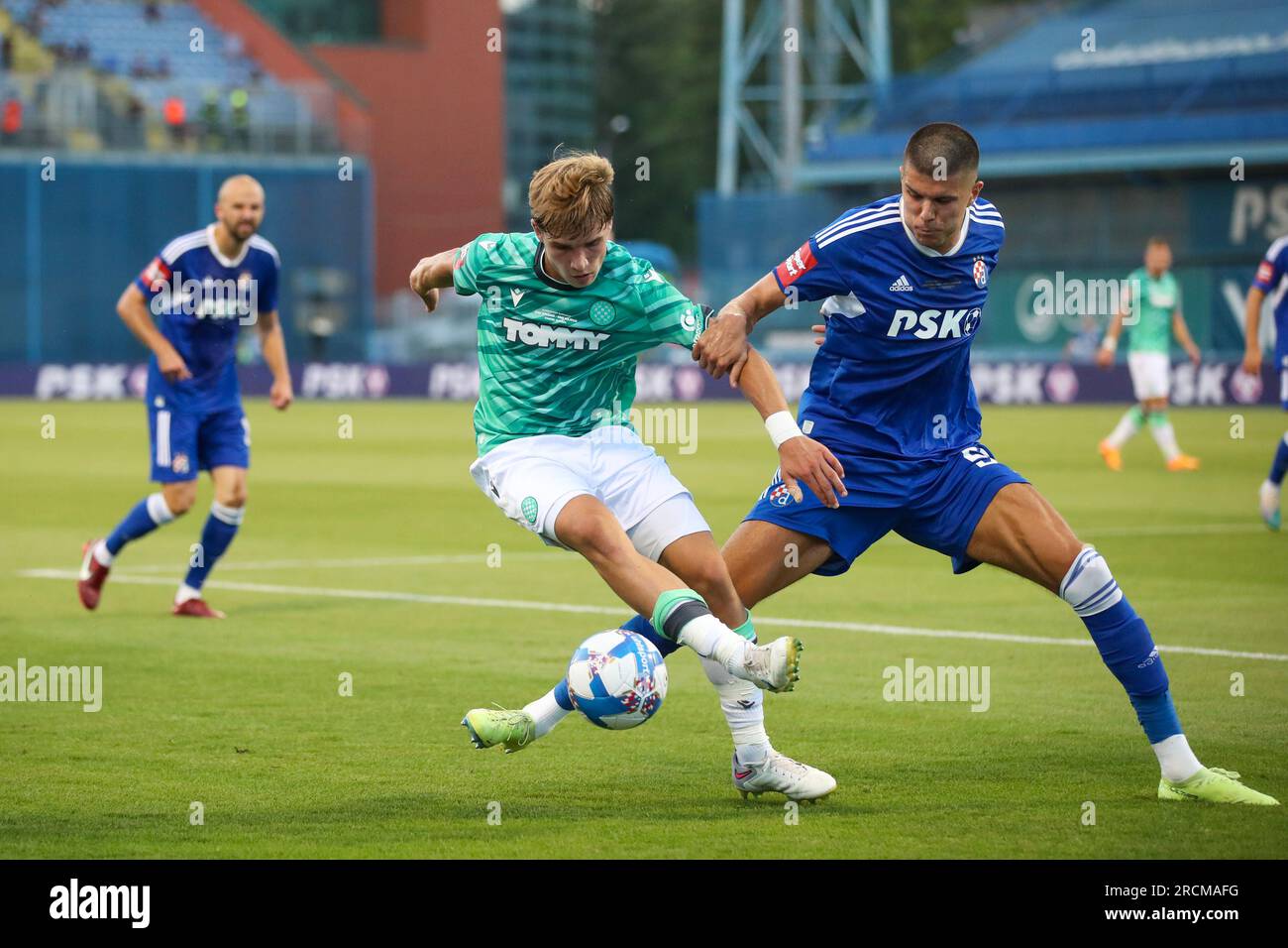 Zagreb, Croatia. 15th July, 2023. Jan Mlakar of Hajduk Split and Fran Topic  of Dinamo Zagreb in action during the Supersport Supercup match between GNK  Dinamo Zagreb and HNK Hajduk Split at Maksimir stadium on July 15, 2023, in  Zagreb, Croatia