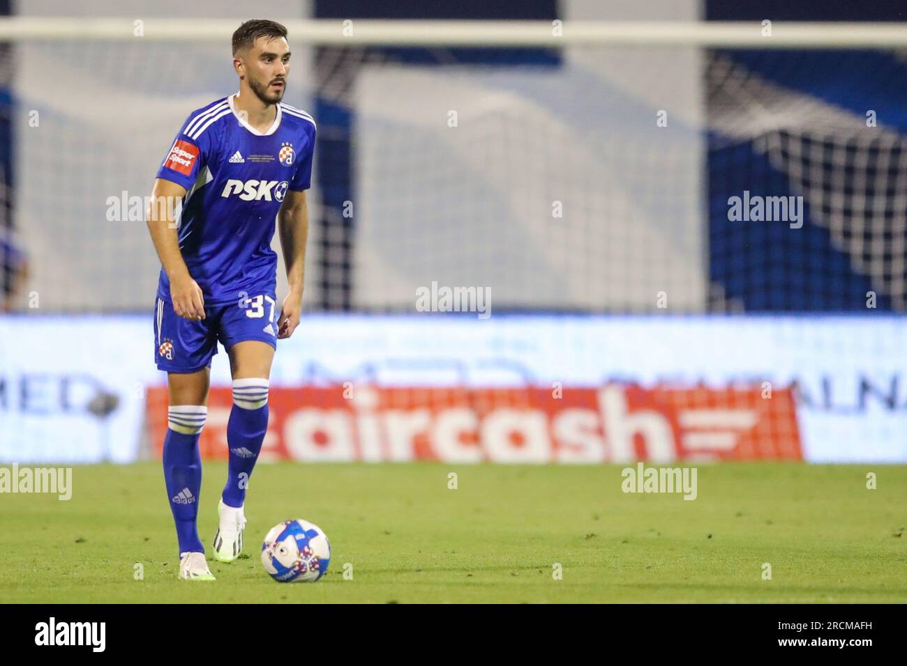 Zagreb, Croatia. 15th July, 2023. Jan Mlakar of Hajduk Split and Fran Topic  of Dinamo Zagreb in action during the Supersport Supercup match between GNK Dinamo  Zagreb and HNK Hajduk Split at