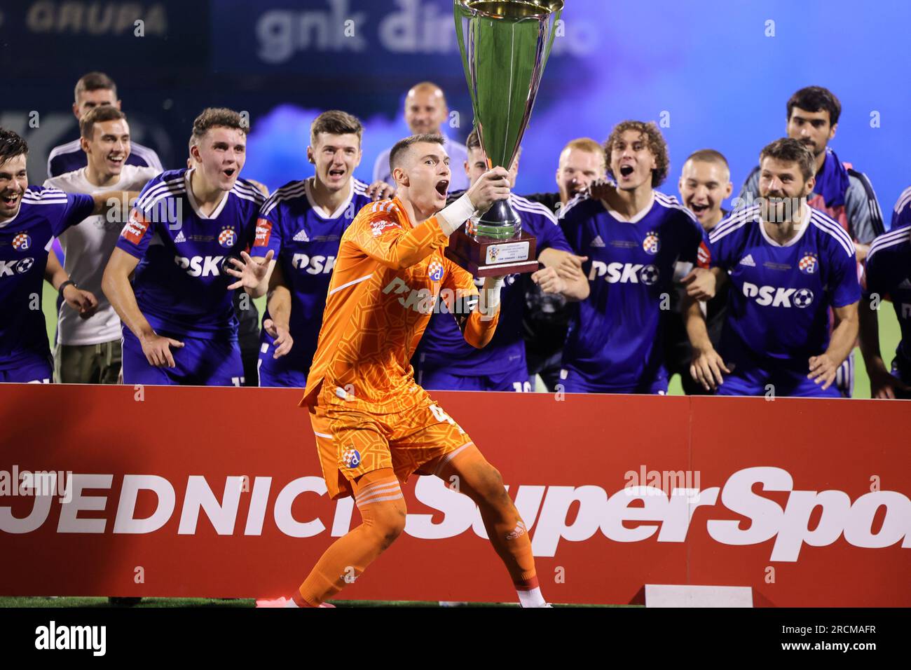 Zagreb, Croatia. 15th July, 2023. Jan Mlakar of Hajduk Split and Fran Topic  of Dinamo Zagreb in action during the Supersport Supercup match between GNK  Dinamo Zagreb and HNK Hajduk Split at