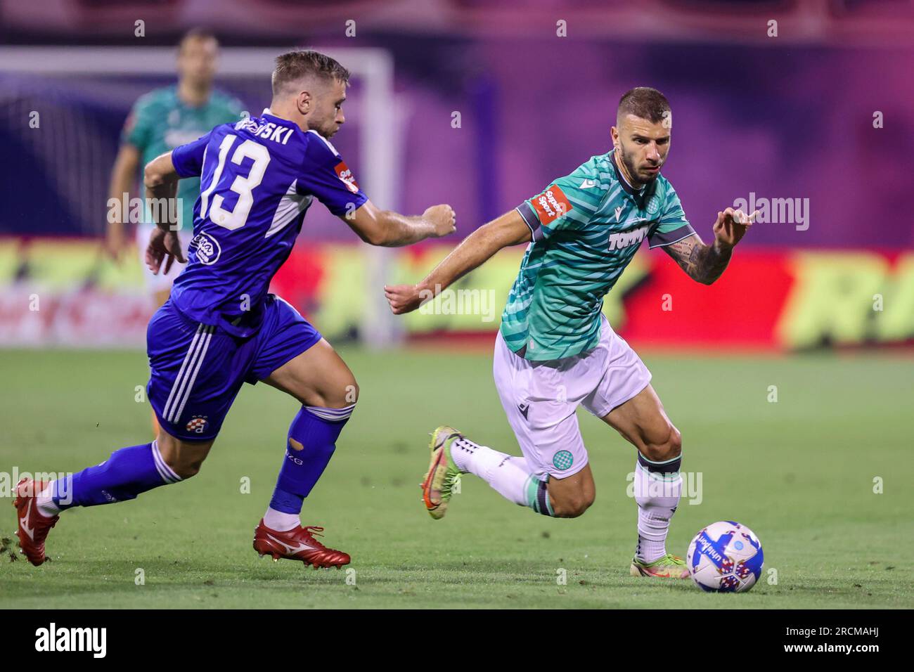 Zagreb, Croatia. 15th July, 2023. Jan Mlakar of Hajduk Split and Fran Topic  of Dinamo Zagreb in action during the Supersport Supercup match between GNK  Dinamo Zagreb and HNK Hajduk Split at