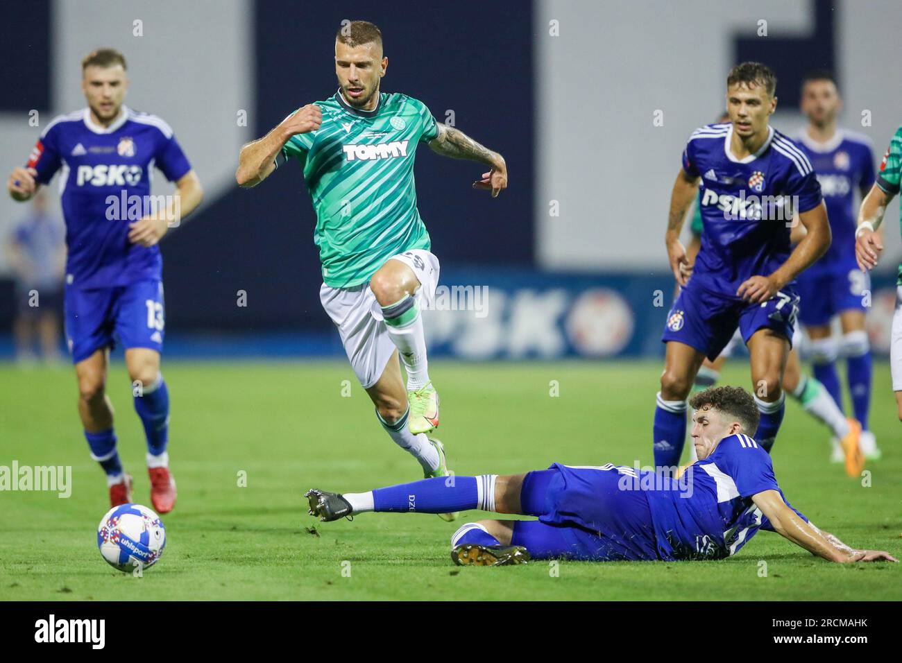 Zagreb, Croatia. 15th July, 2023. Jan Mlakar of Hajduk Split and Fran Topic  of Dinamo Zagreb in action during the Supersport Supercup match between GNK  Dinamo Zagreb and HNK Hajduk Split at Maksimir stadium on July 15, 2023, in  Zagreb, Croatia