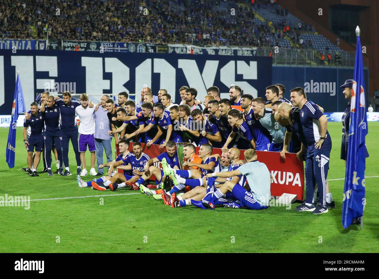 Zagreb, Croatia. 15th July, 2023. Fran Topic of Dinamo Zagreb and Zvonimir  Sarlija of Hajduk Split competes for the ball during the Supersport  Supercup match between GNK Dinamo Zagreb and HNK Hajduk