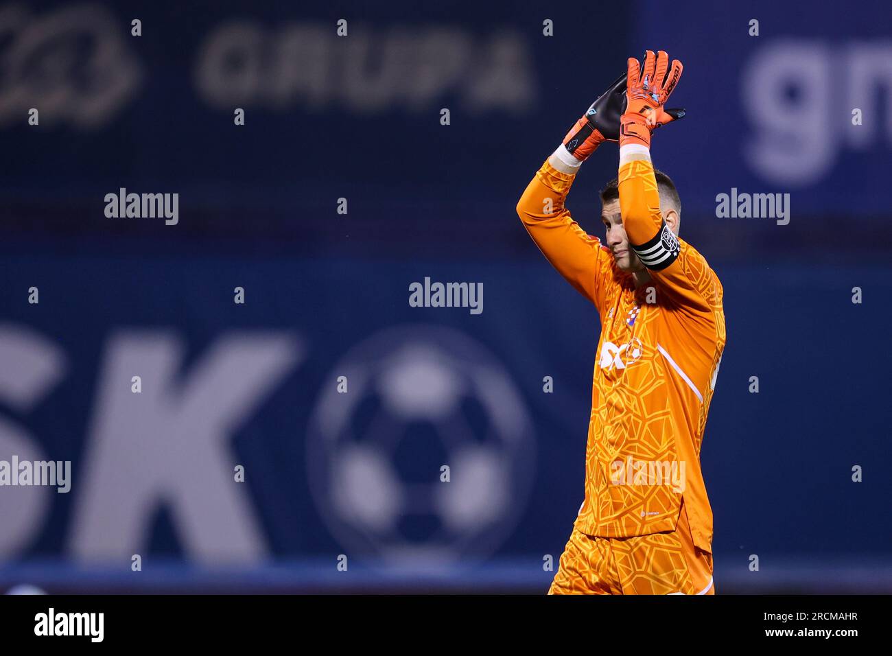 Zagreb, Croatia. 15th July, 2023. Jan Mlakar of Hajduk Split and Fran Topic  of Dinamo Zagreb in action during the Supersport Supercup match between GNK  Dinamo Zagreb and HNK Hajduk Split at Maksimir stadium on July 15, 2023, in  Zagreb, Croatia