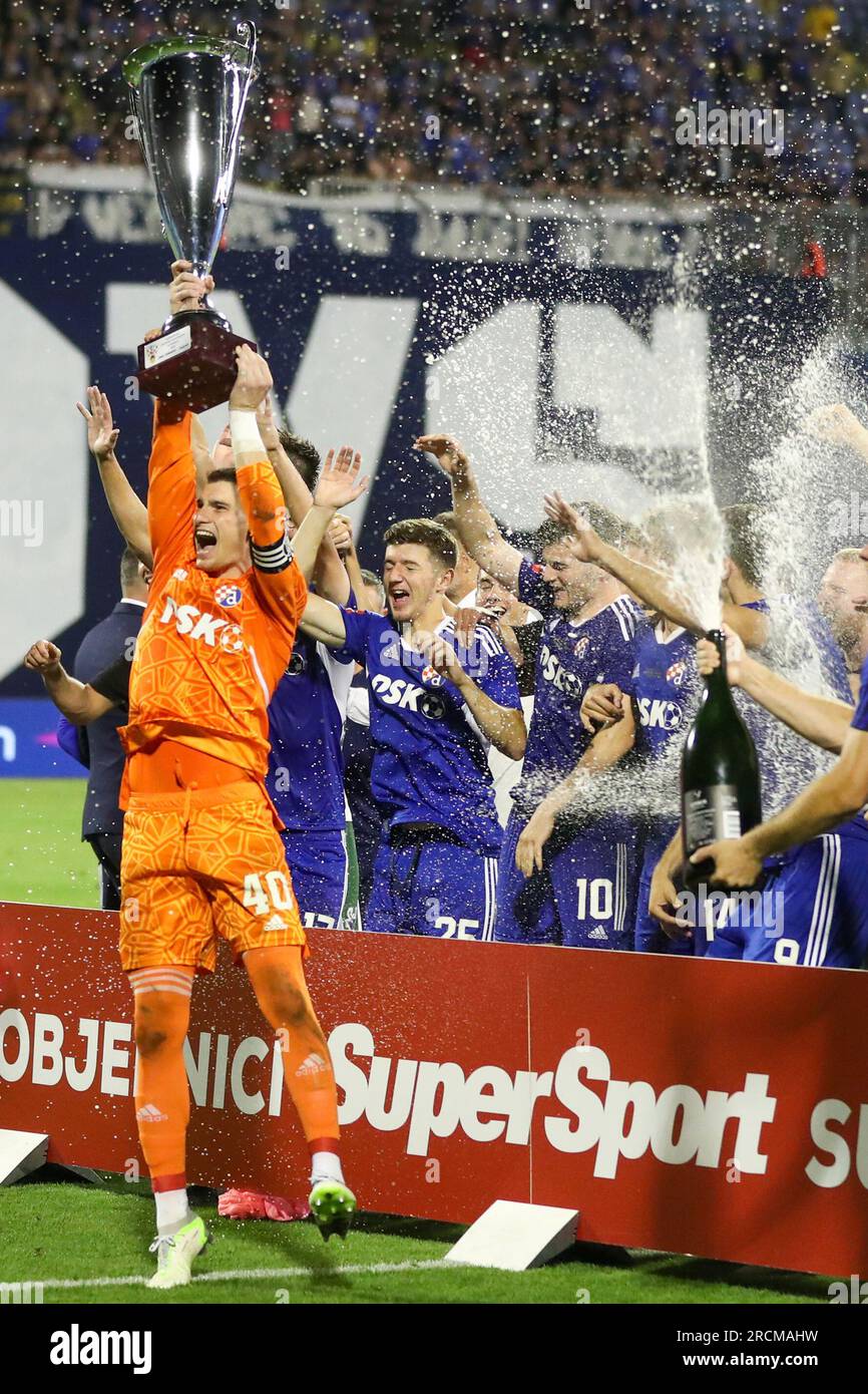 Zagreb, Croatia. 15th July, 2023. Jan Mlakar of Hajduk Split and Fran Topic  of Dinamo Zagreb in action during the Supersport Supercup match between GNK  Dinamo Zagreb and HNK Hajduk Split at Maksimir stadium on July 15, 2023, in  Zagreb, Croatia